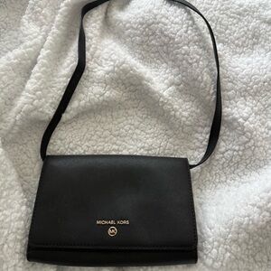 Michael Kors Black Leather Crossbody with Gold Logo